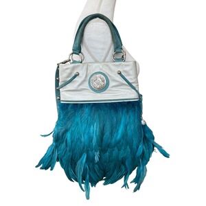 Michelle Monroe Teal Feather Handbag Silver Leather Shoulder Bag